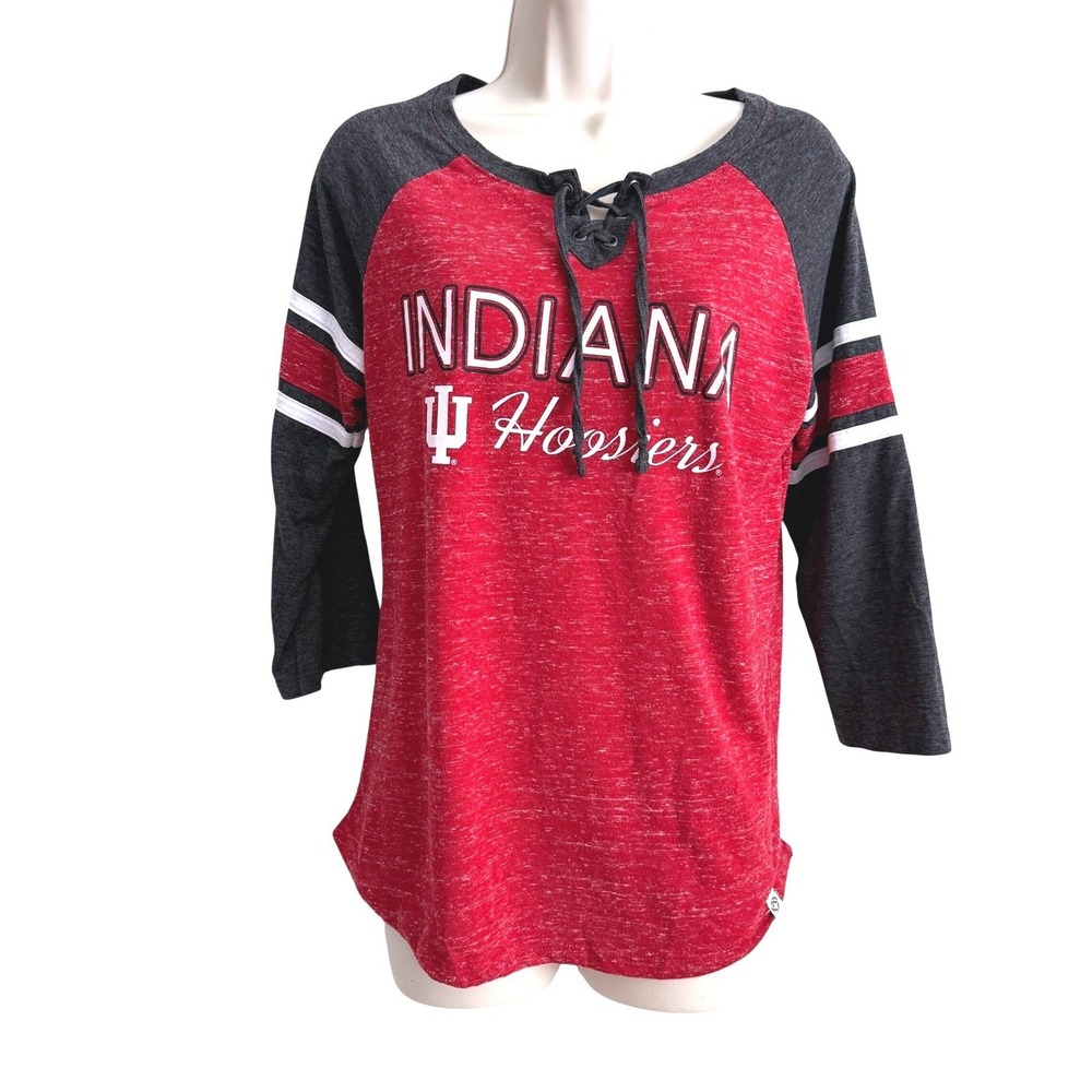 Indiana Hoosiers Womens Lace Up 3/4 Sleeve Shirt M IU Graphic Tee V-Neck Casual